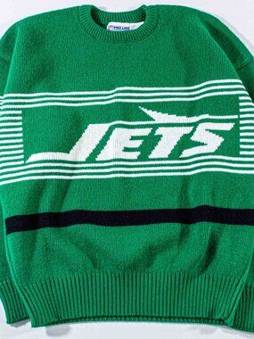 Vintage New York Jets Cliff Engle Sweater XL 80s Pro Line Striped Logo Knit VTG